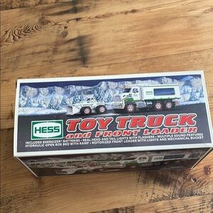 2008 Green and White Hess Toy Truck and Front Loader with Display Box
